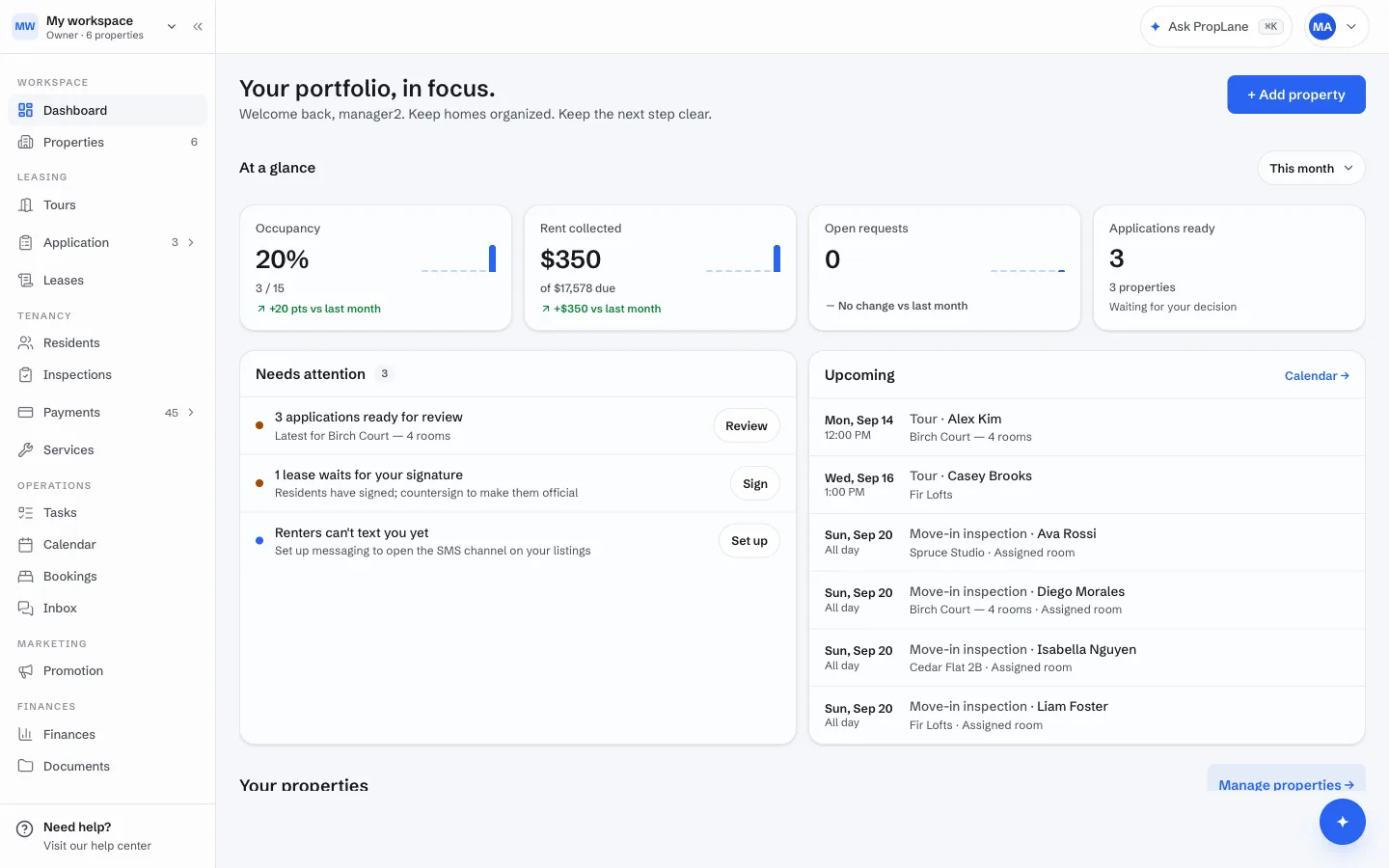 PropLane property operations dashboard from its public marketing site
