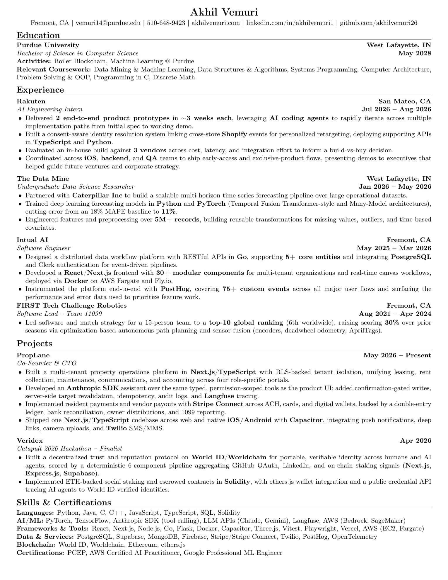 Preview of Akhil Vemuri's résumé PDF