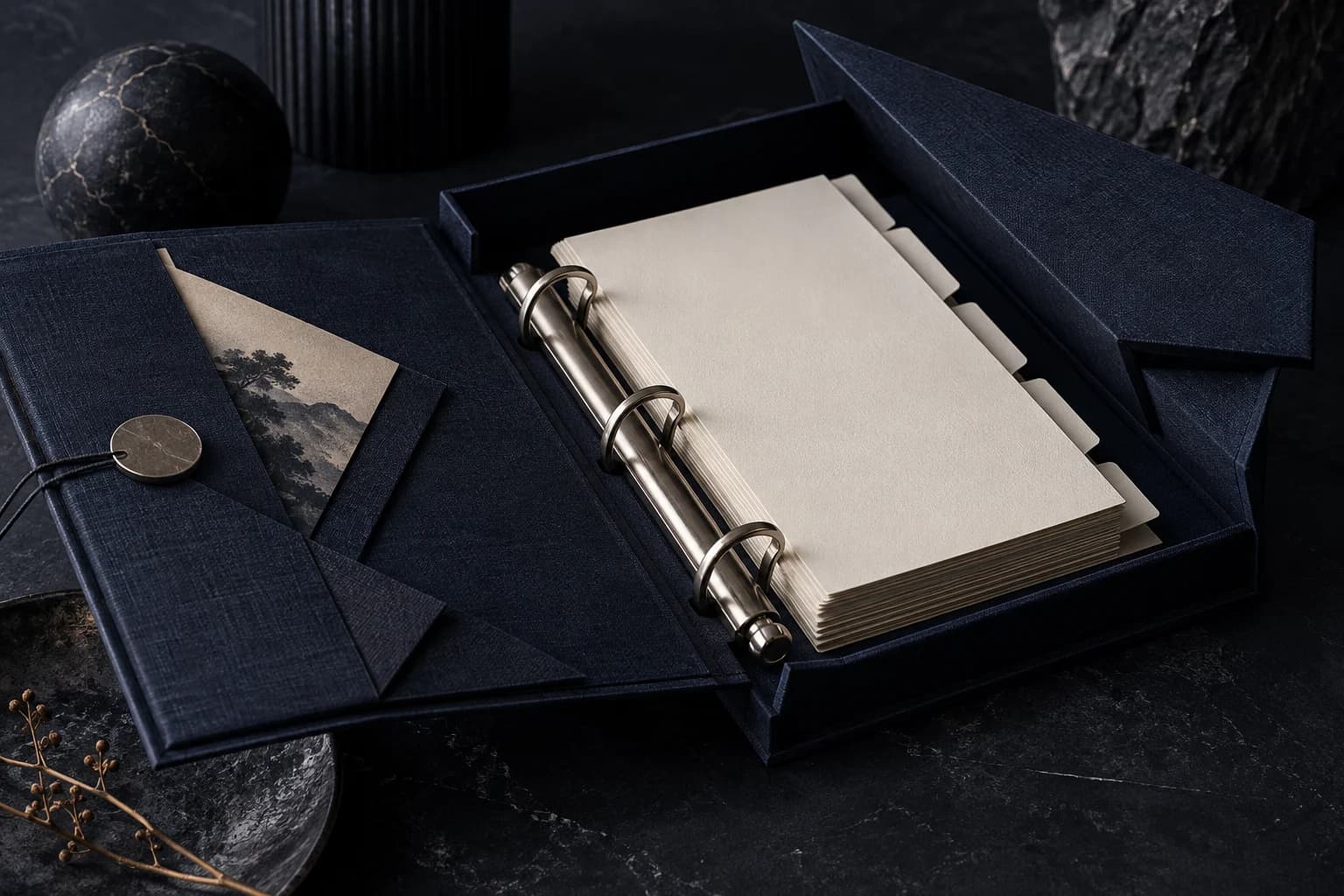 Folded archival folio with indexed paper layers; concept artwork for Personal OS