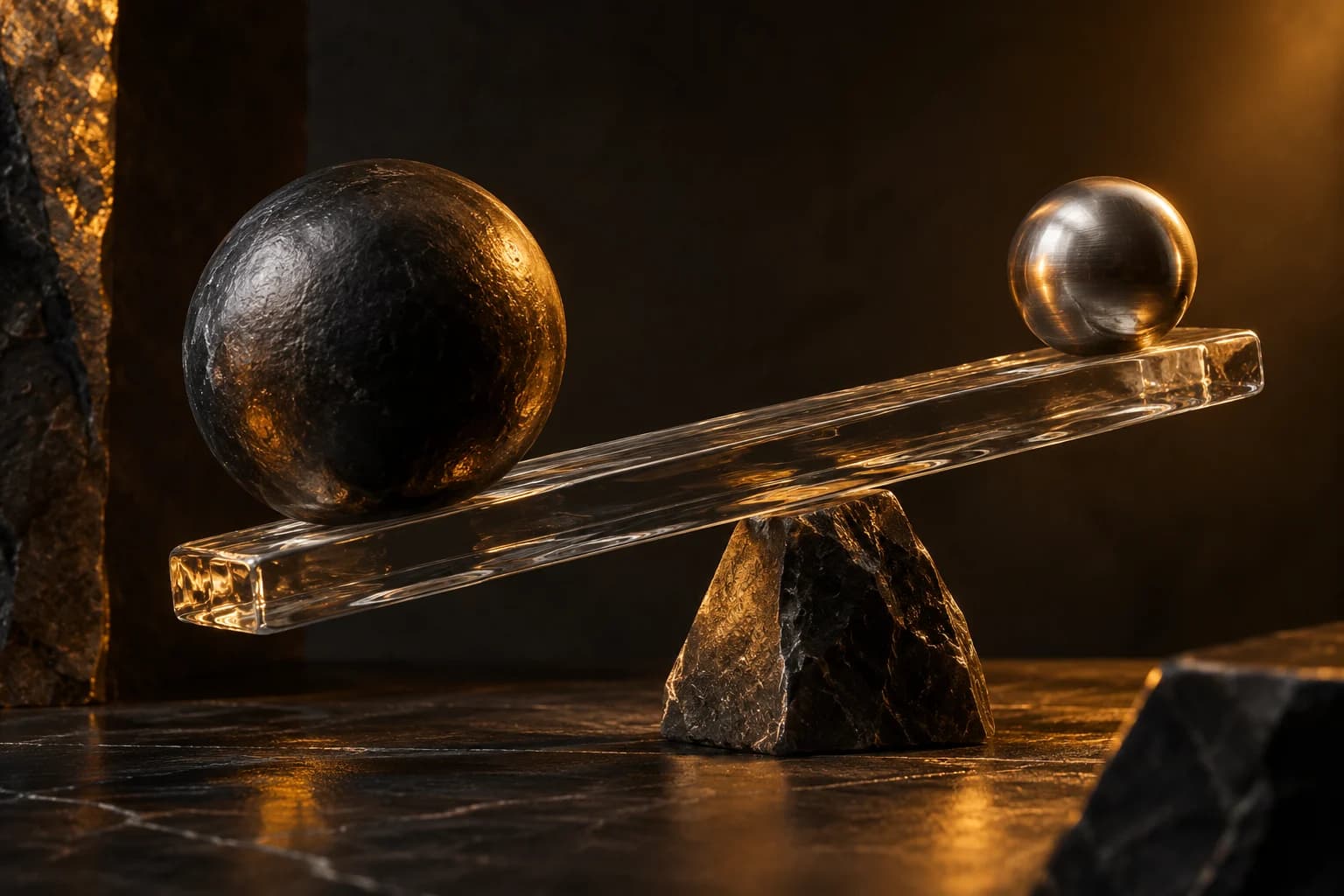 Glass balance instrument suggesting measured uncertainty; concept artwork for Prediction Market Lab