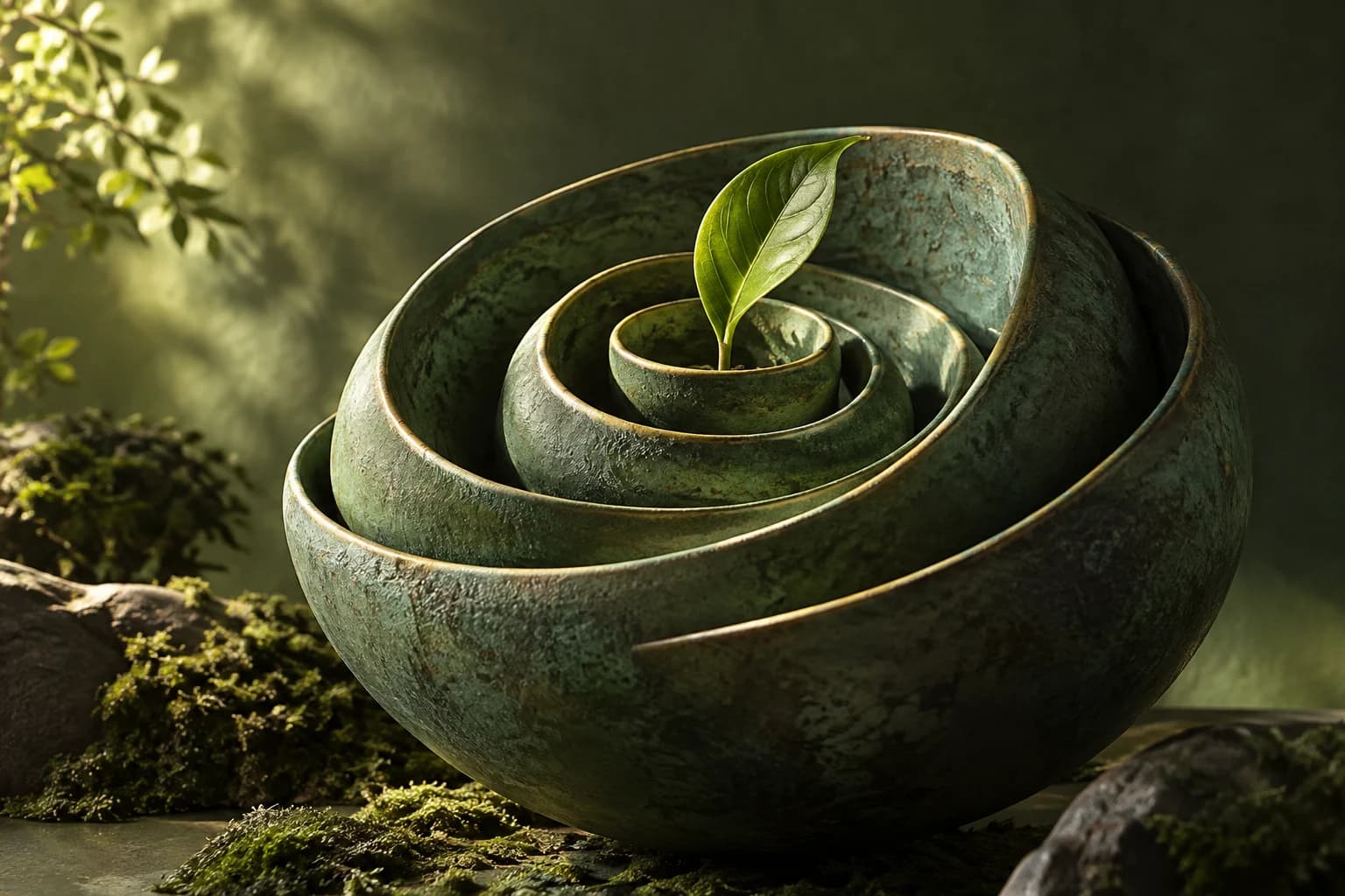 Sculptural botanical growth rings; concept artwork for Verdant